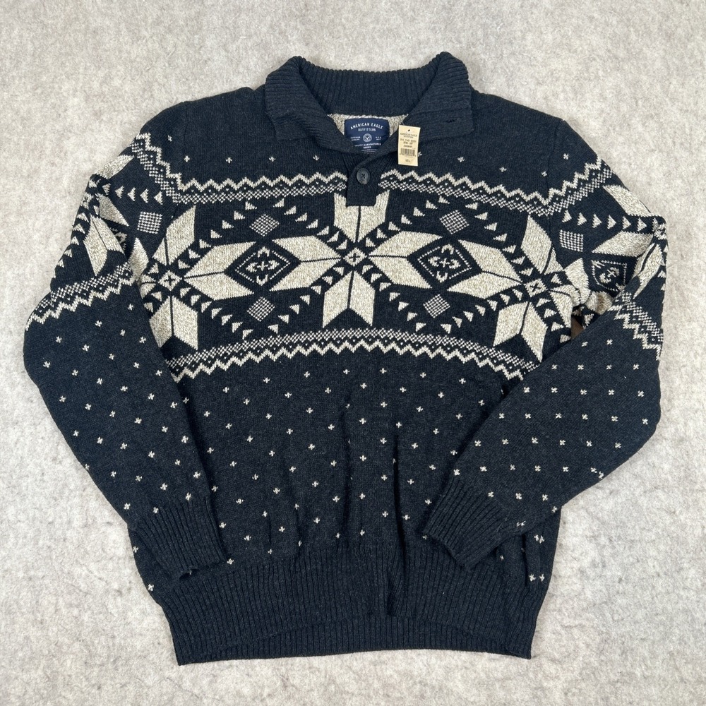 AmericanEagle Men's Large Black Tan Shawl Collar Pullover Sweater NWT